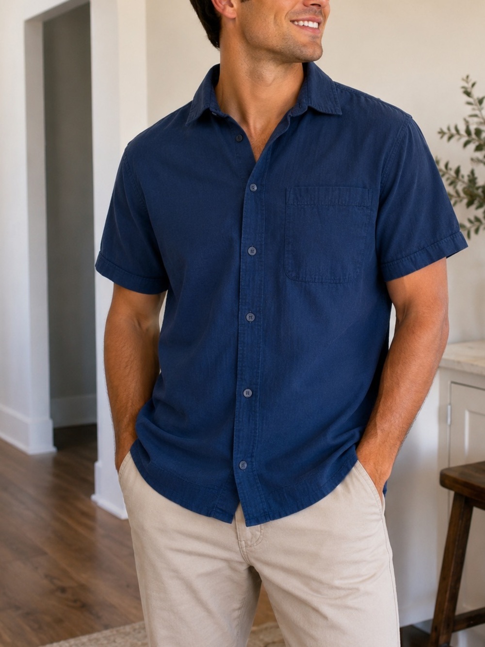Hollister Men’s Navy Short Sleeve Button-Up Camp Collar Shirt Size Small Casual